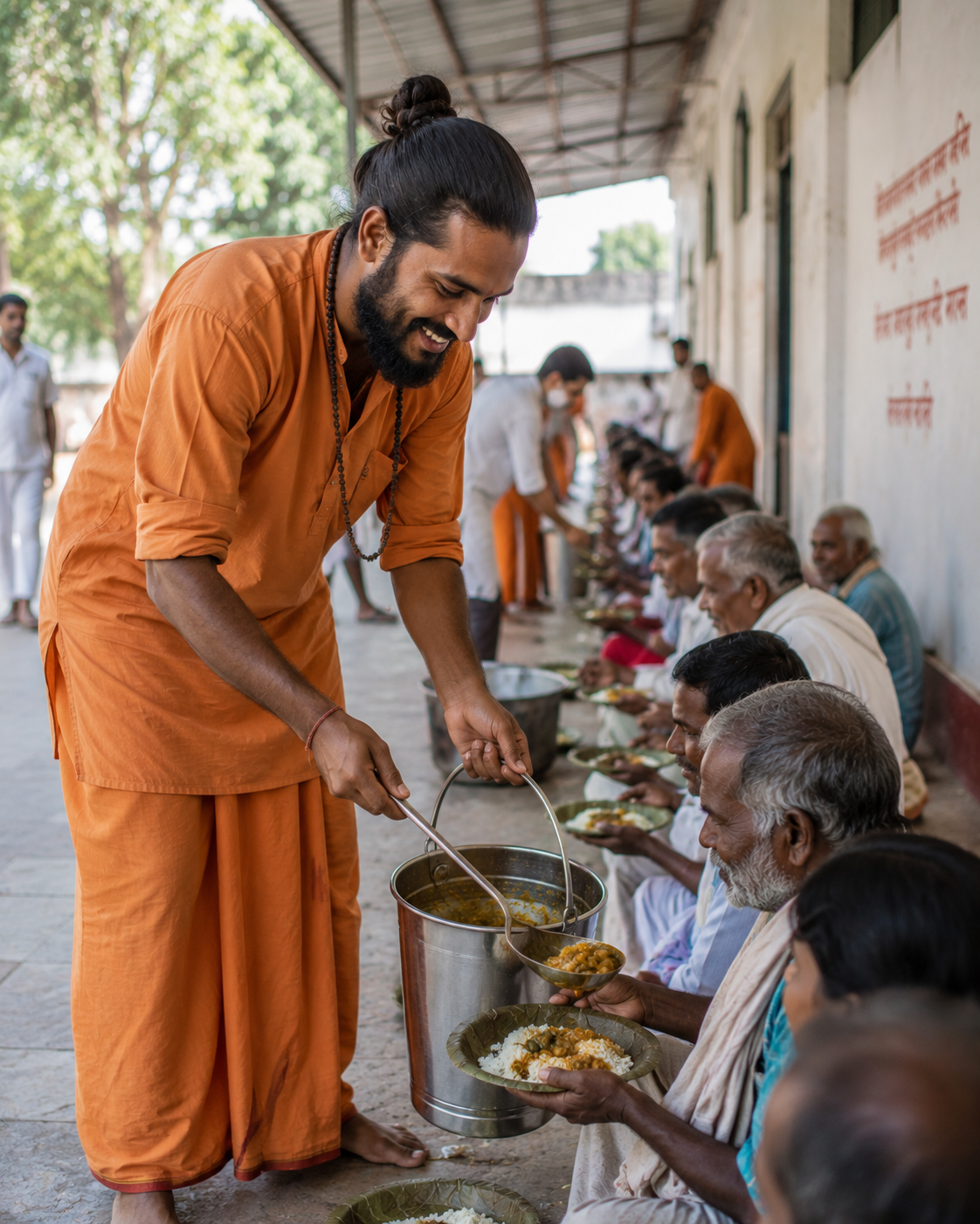 Community: Volunteers serving a meal at Pronabananda Sevashram